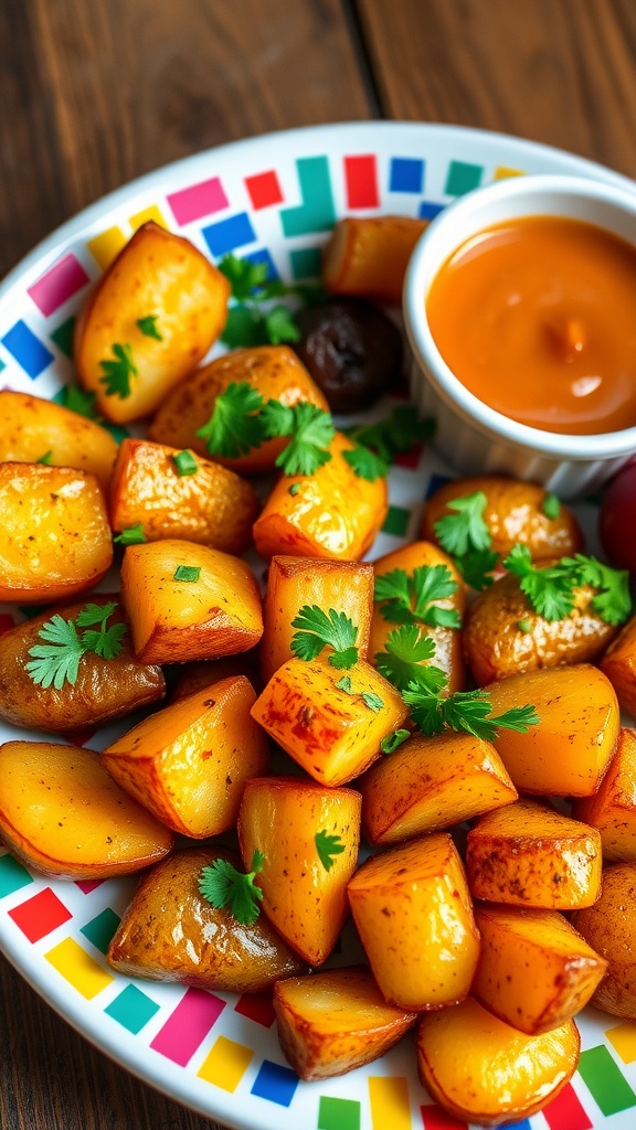A plate of pixelated crispy potatoes garnished with parsley, served with a dipping sauce.